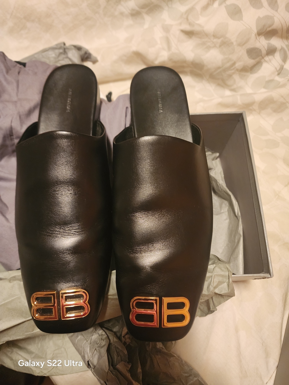 Balenciaga Black Leather Slide Sandals with Gold BB Logo